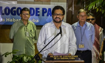 La delegación de las FARC en su comparecencia de hoy. Adalberto ROQUE (AFP)