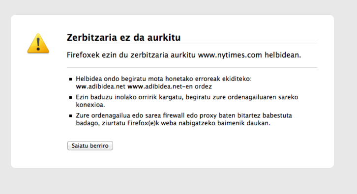 Mensaje de Firefox dando cuenta de la imposibilidad de acceder a la web de NYT hoy a primera hora.