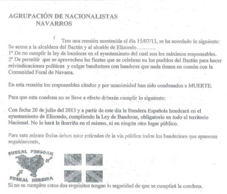 Carta amenazante recibida por los alcaldes de Baztán y Elizondo.