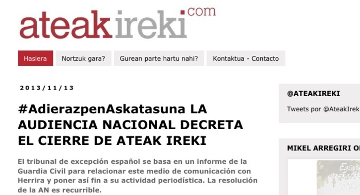 Portada de Ateak Ireki informado de la decisión de la AN. (NAIZ.INFO)