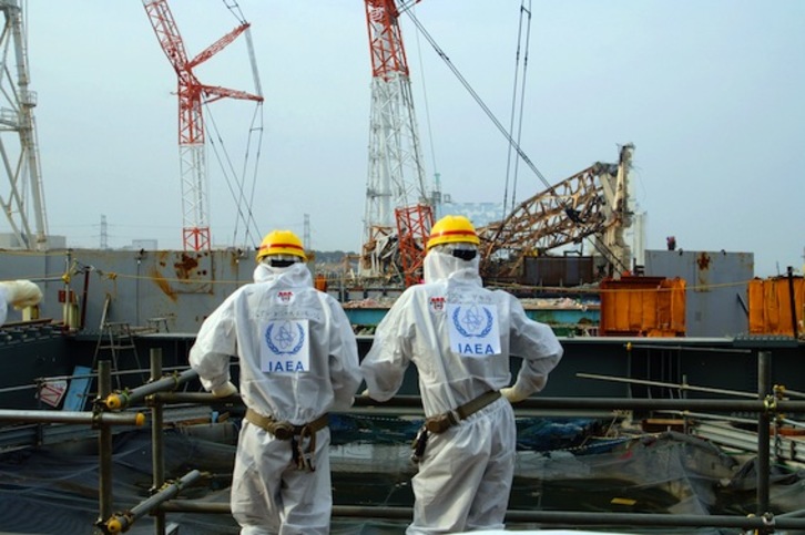 Dos miembros de la Agencia Internacional de la Energía Atómica observan la central de Fukushima en una imagen de archivo. (AFP PHOTO)