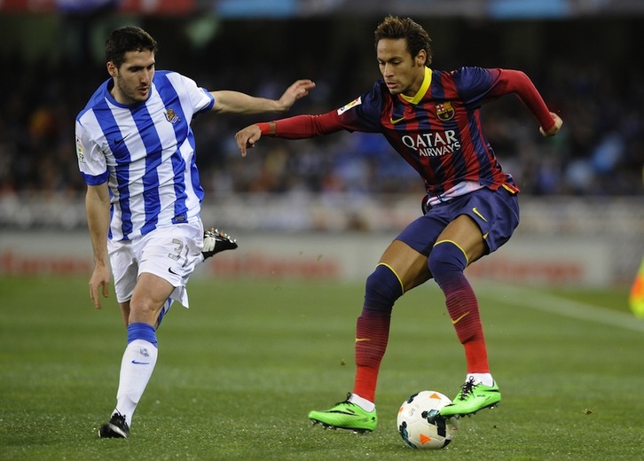 Neymar, en un lance del partido del pasado sábado ante la Real. (Ander GILLENEA/AFP)