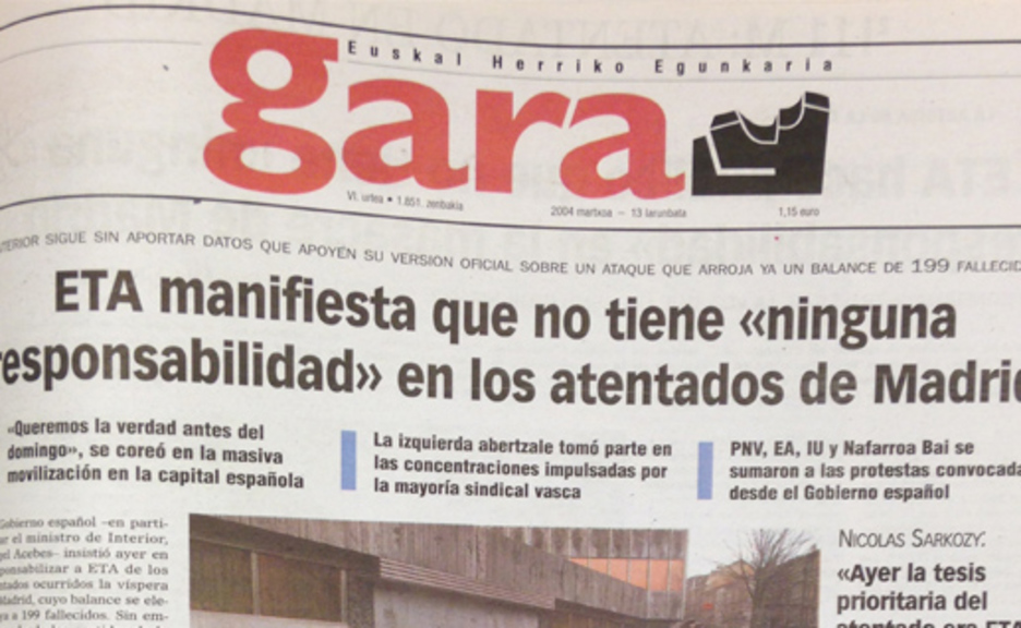 Pasadas las <strong>18.00</strong> ETA llama a GARA y a ETB para confirmar que «no tiene ninguna responsabilidad» en los atentados de Madrid.