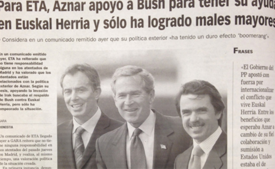 <strong>13 de marzo. ETA: «El ataque es efecto del apoyo de Aznar a Bush»</strong>. La organización armada volvió a negar su autoría vía comunicado.