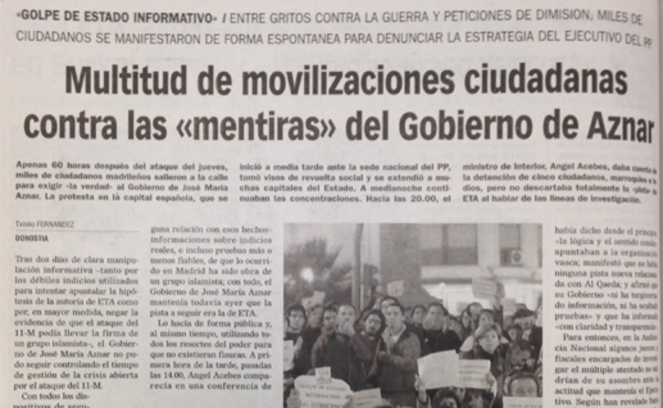 <strong>Al mismo tiempo</strong> crece la protesta en el Estado español por las mentiras del Gobierno de Aznar.