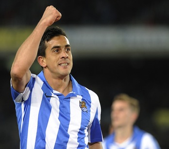Diego Ifrán celebra un gol anotado la pasada temporada. (Jon URBE / ARGAZKI PRESS)