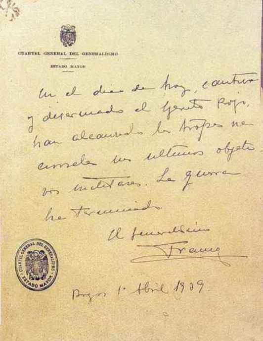 Documento original del último parte de guerra publicado el 1 de abril de 1939. (WIKIPEDIA)
