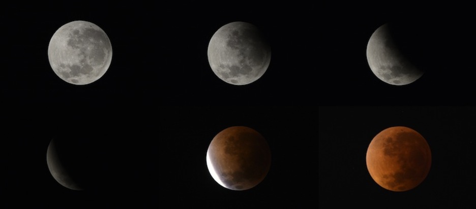 Como de seis imágenes con las diferentes fases del eclipse. (Juan MABROMATA/AFP)