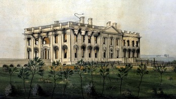 Grabado que recoge la retirada de las tropas británicas de Washington tras incendiar los edificios más emblemáticos de la capital de EEUU.