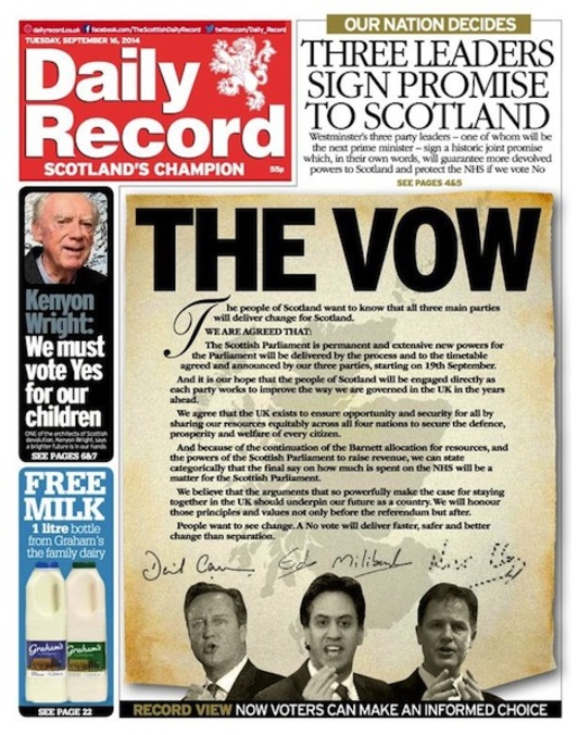 Portada del ‘Daily Record’, con la misiva de los tres líderes británicos. (www.dailyrecord.co.uk)