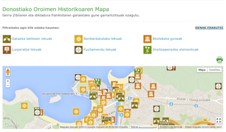 Donostiako memoria historikoaren mapa birtuala.