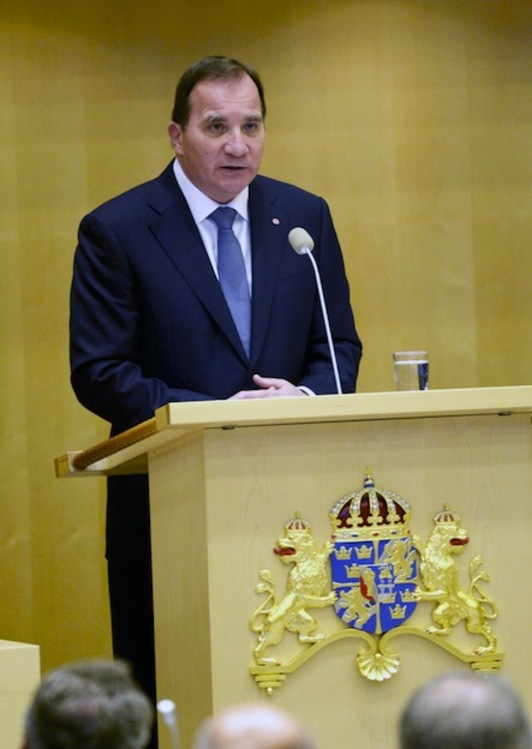 Stefan Lofven, durante su discurso oinaugural en el Parlamento sueco. (Jonas EKSTRÖMER / AFP)