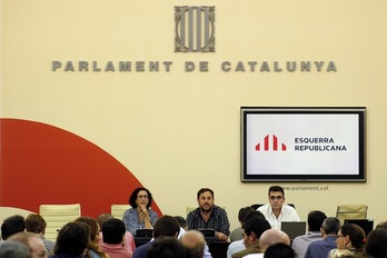 Oriol Junqueras ha comparecido junto a otros responsables de ERC. (Josep LAGO / AFP)