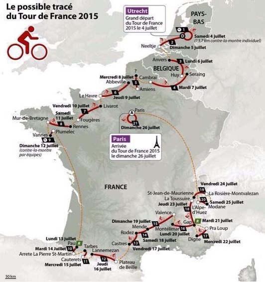 Posible recorrido del Tour 2015, publicado por ‘La Depeche du Midi’. (@ladepechedumidi)