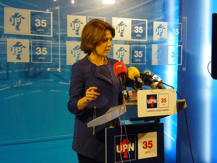 Yolanda Barcina, durante la rueda de prensa en la que anunció que no se presenta a la reelección. (Servicio de prensa de UPN)