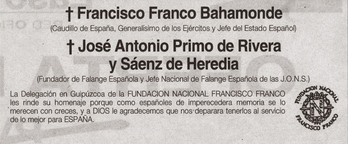 Esquela por Franco y Primo de Rivera de la FNFF. 