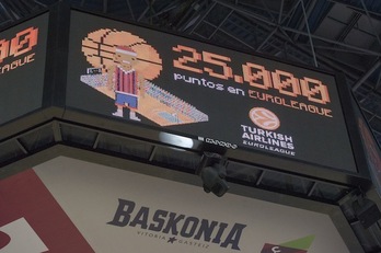 El marcador de Zurbano ha celebrado los 25.000 puntos del Baskonia en Euroliga. (Juanan RUIZ / ARGAZKI PRESS) 