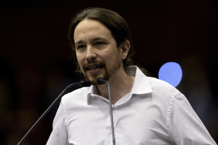 El secretario general de Podemos, Pablo Iglesias, durante el mitin. (Josep LAGO/AFP)