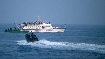 Imagen de la flotilla de 2010, a la que se le acerca el Ejército israelí. (Uriel SINAI / AFP)