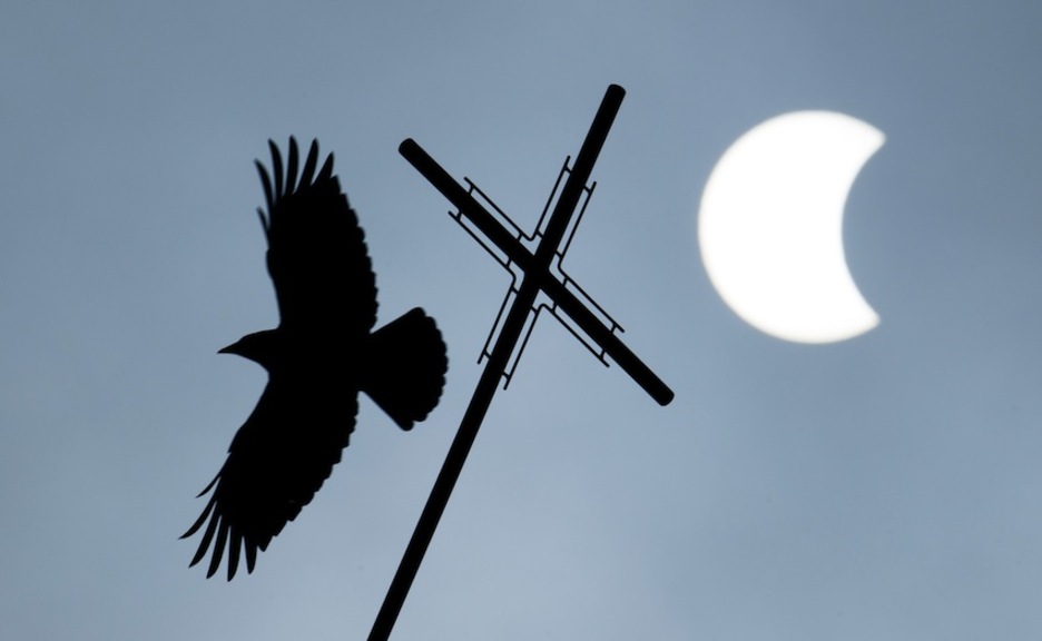 Un pájaro sobrevuela la iglesia de Visselhoevede, en Alemania. (Daniel REINHARDT/AFP)
