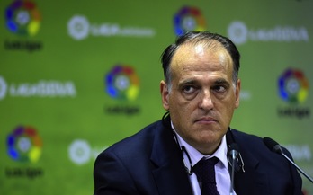 Javier Tebas, durante una rueda de prensa ofrecida ayer. (Gerard JULIEN / AFP)