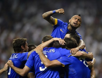 Los jugadores de la Juventus celebran el tanto de Morata. (Dani POZO / AFP)