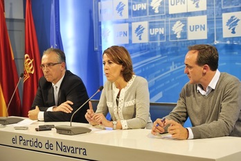 Enrique Maya, Yolanda Barcina y Javier Esparza comparecieron ayer en Iruñea para valorar los resultados. (Idoia ZABALETA/ARGAZKI PRESS)