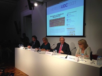 Antoni Castellà, Núria de Gispert, Joan Rigol y Mercé Jou durante la presentación de esta mañana. (HEREUS UDC 1931)