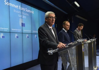 Comparecencia conjunta de Juncker, Tusk y Dijsselbloem. (Thierry CHARLIER / AFP) 