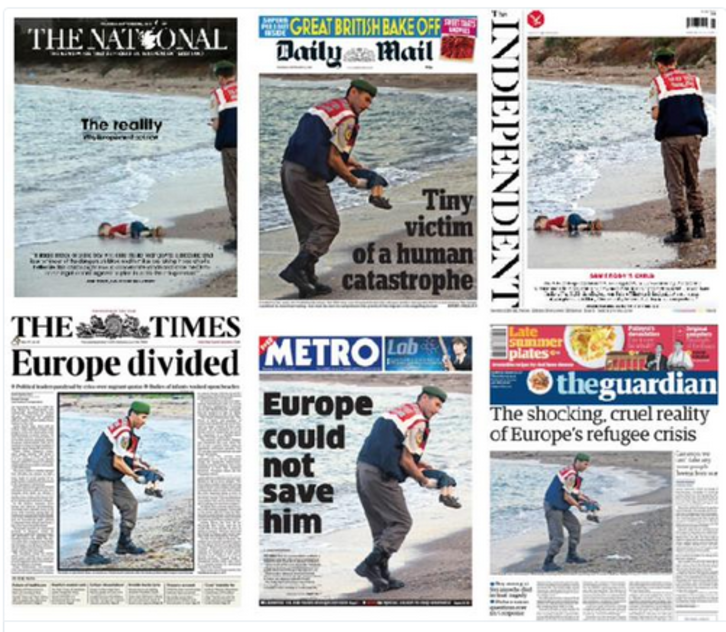 Haur kurduaren gorpua azalera eraman duten egunkari batzuk