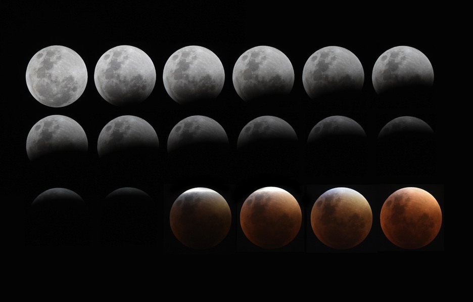 Combo con la progresión del eclipse, captado desde Buenos Aires. (Juan MABROMATA/AFP) 