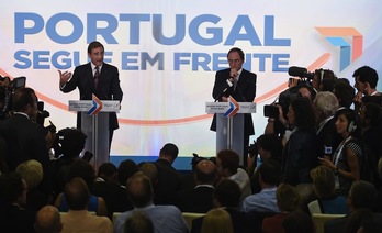 Comparecencia de Passo Coelho y si socio de coalición, Paulo Portas. (Francisco LEONG / AFP)