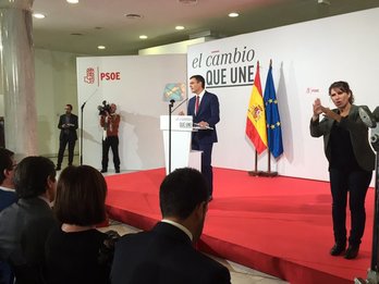 Pedro Sánchez, durante su comparecencia hoy. (@psoe_m)