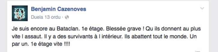Post en facebook de una persona que se encontraba en Bataclan.
