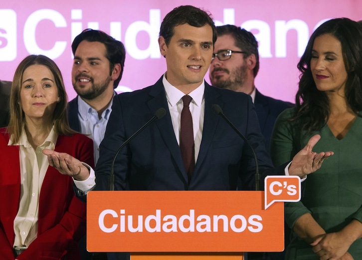 Albert Rivera, durante la valoración de los resultados electorales. (Curto DE LA TORRE / AFP)