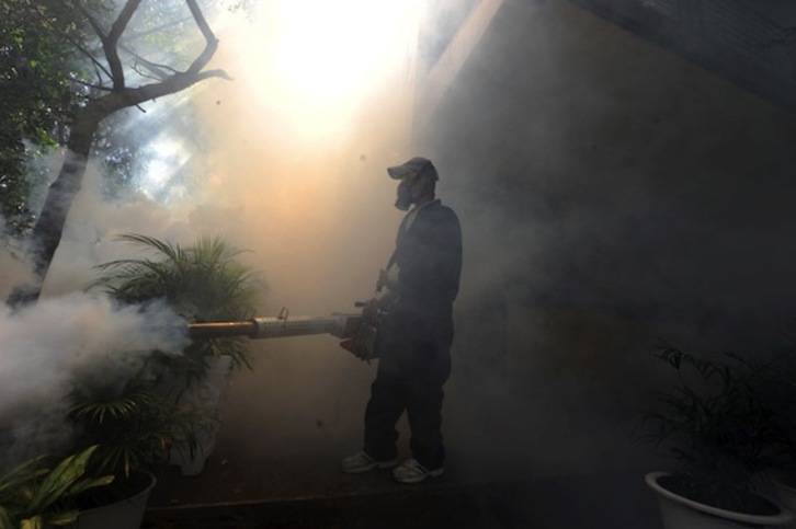 Un operario del Ministerio de Salud hondureño realiza labores de fumigación contra el mosquito que transmite el virus zika. (Orlando SIERRA/AFP PHOTO) 