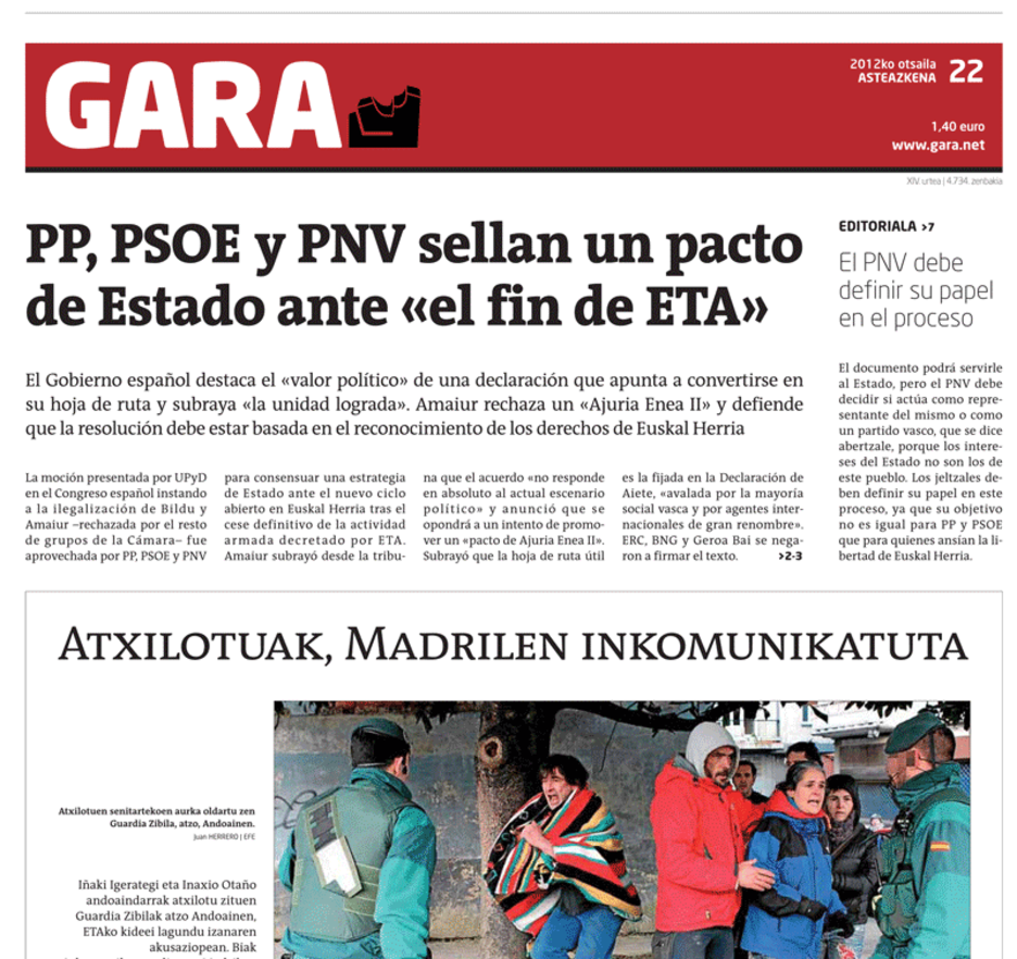 Hego Euskal Herrian eta Espainiako Estatuan, aldiz, blokeoa izan da erantzuna. Horren adibide, Aietetik gutxira, Espainiako Kongresuan bide orri hartaz aipamenik egiten ez zuen adostasuna PNV, PP eta PSOEren artean. Hego Euskal Herrian eta Espainiako Estatuan, aldiz, blokeoa izan da erantzuna. Horren adibide, Aietetik gutxira, Espainiako Kongresuan bide orri hartaz aipamenik egiten ez zuen adostasuna PNV, PP eta PSOEren artean.