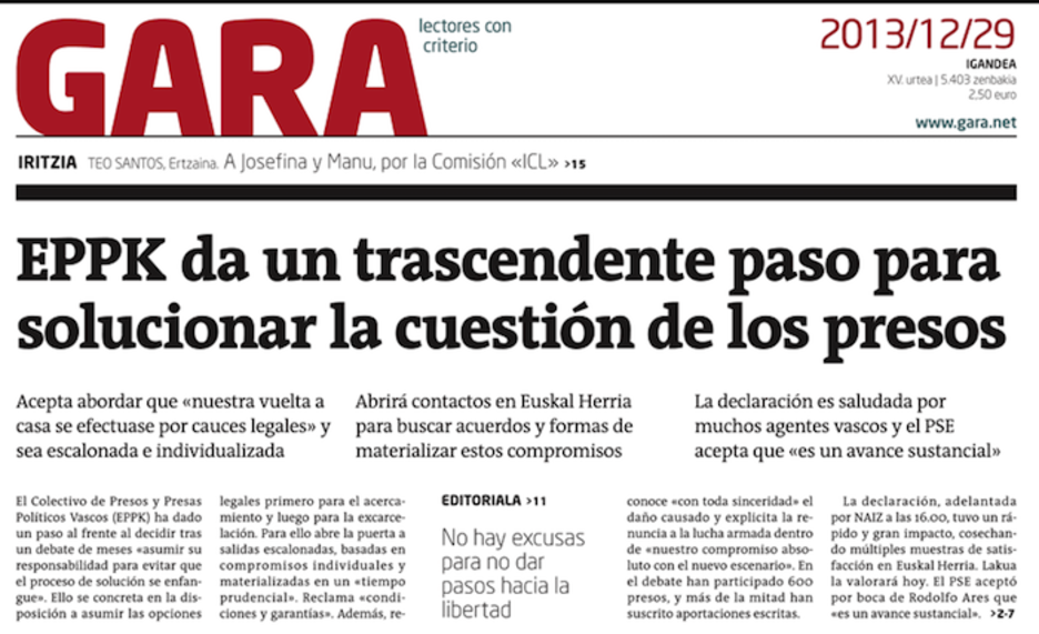 Euskal Preso Politikoen Kolektiboak, 2013ko abenduko agiri baten bidez iragarri zuen Foro Sozialaren gomendioak jarraituz legezko bideari ekiteko prest zela. Euskal Preso Politikoen Kolektiboak, 2013ko abenduko agiri baten bidez iragarri zuen Foro Sozialaren gomendioak jarraituz legezko bideari ekiteko prest zela.