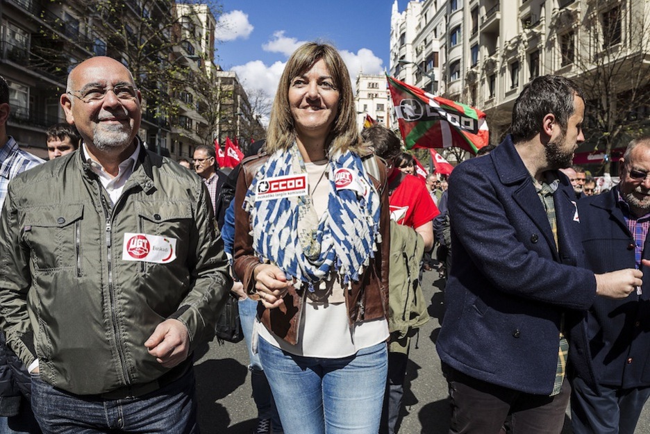 José Antonio Pastor e Idoia Mendia, con CCOO y UGT en Bilbo. (Aritz LOIOLA / ARGAZKI PRESS) 