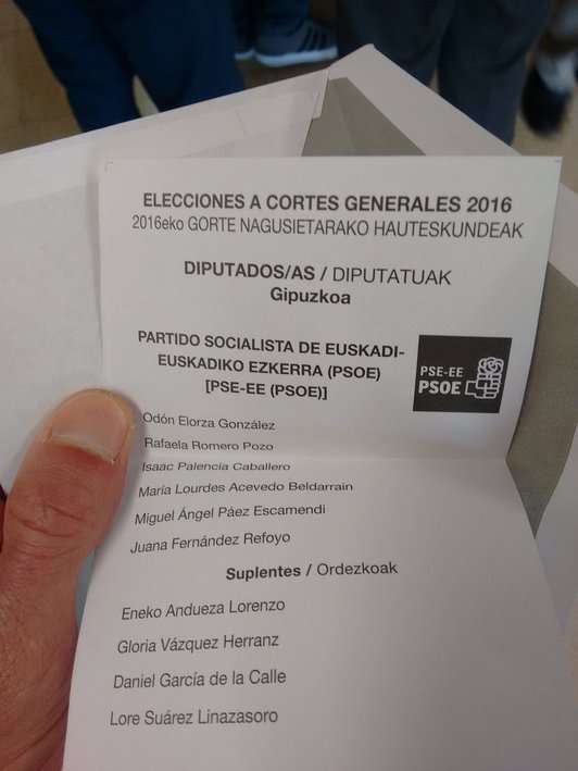 Papeleta del PSOE que encabeza Elorza por Gipuzkoa. (@JavierMargareto)