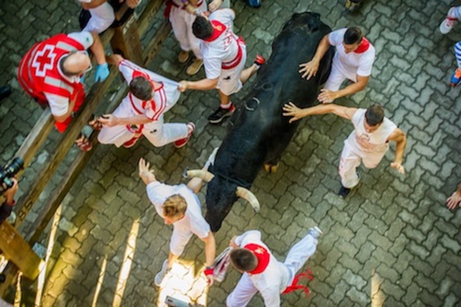 Dos corredores tocan a uno de los toros, gesto que está prohibido. (Gorka RUBIO/ARGAZKI PRESS) Dos corredores tocan a uno de los toros, gesto que está prohibido. (Gorka RUBIO/ARGAZKI PRESS)