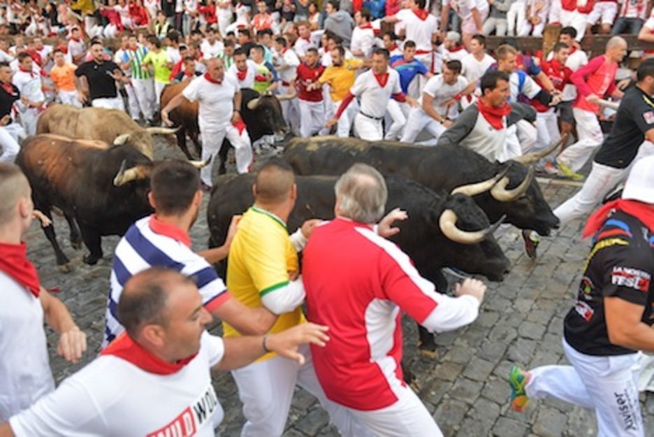 Los cuatro últimos toros avanzan por Telefónica. (Idoia ZABALETA/ARGAZKI PRESS) Los cuatro últimos toros avanzan por Telefónica. (Idoia ZABALETA/ARGAZKI PRESS)