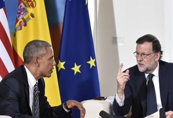 El presidente estadounidense, Barack Obama, y el presidente español en funciones, Mariano Rajoy, durante la reunión que han mantenido. (Mandel NGAN/AFP)