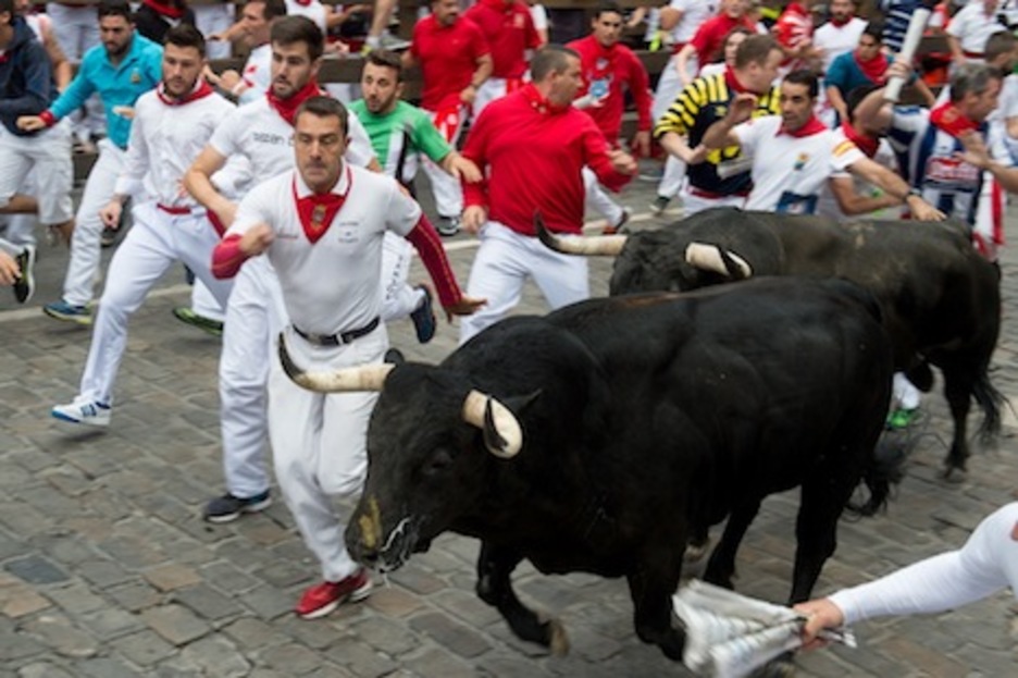 Dos toros negros corren sin fijarse en los corredores. (Iñigo URIZ/ARGAZKI PRESS) Dos toros negros corren sin fijarse en los corredores. (Iñigo URIZ/ARGAZKI PRESS)