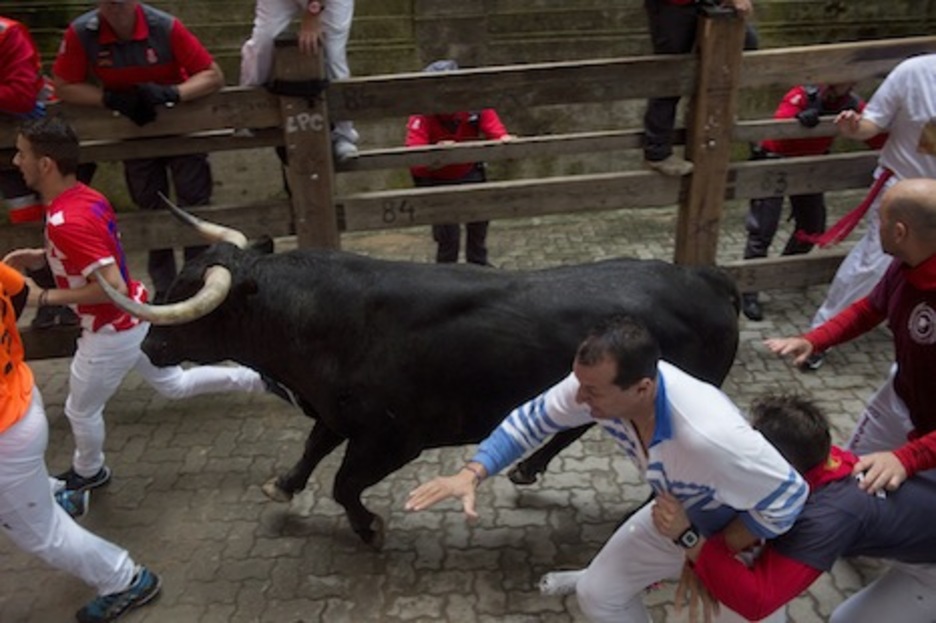 Un toro suelto corre en dirección a la plaza de toros. (Iñigo URIZ/ARGAZKI PRESS) Un toro suelto corre en dirección a la plaza de toros. (Iñigo URIZ/ARGAZKI PRESS)