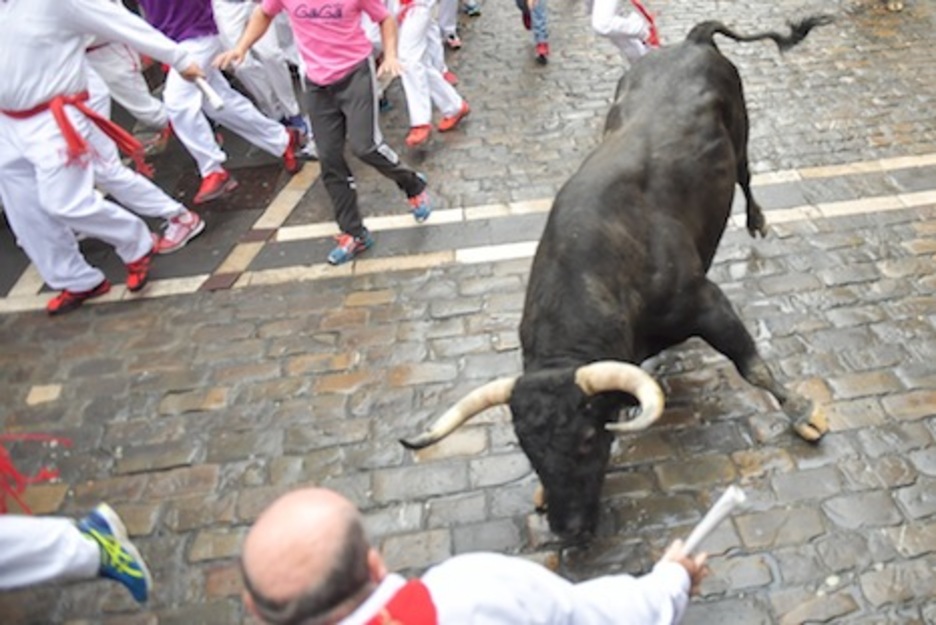 Un astado patina en el suelo mojado por la lluvia al llegar a la curva de Estafeta. (Idoia ZABALETA/ARGAZKI PRESS) Un astado patina en el suelo mojado por la lluvia al llegar a la curva de Estafeta. (Idoia ZABALETA/ARGAZKI PRESS)