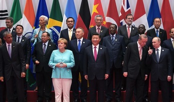 Foto de familia de los líderes del G20 reunidos en Hangzhou. (Stephen CROWLEY/AFP)