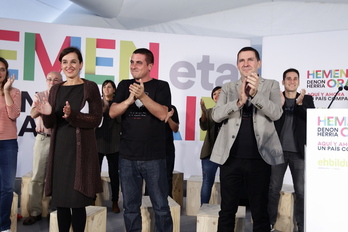 Jasone Agirre, Quim Arrufat eta Arnaldo Otegi, Barakaldoko agerraldian.(ARGAZKI PRESS)