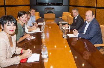 Las delegaciones de EH Bildu y PNV, en su primer encuentro tras los comicios del 25 de setiembre. (Luis JAUREGIALTZO/ARGAZKI PRESS)