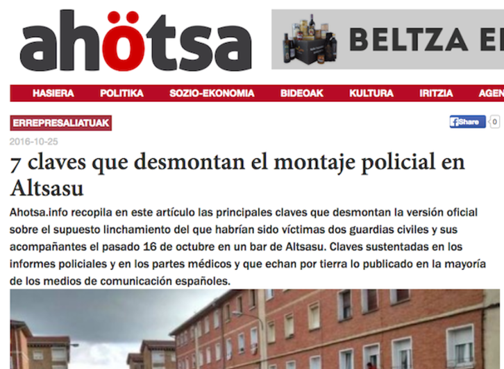 Uno de los artículos publicados en Ahotsa.info sobre lo acontecido en Altsasu. 